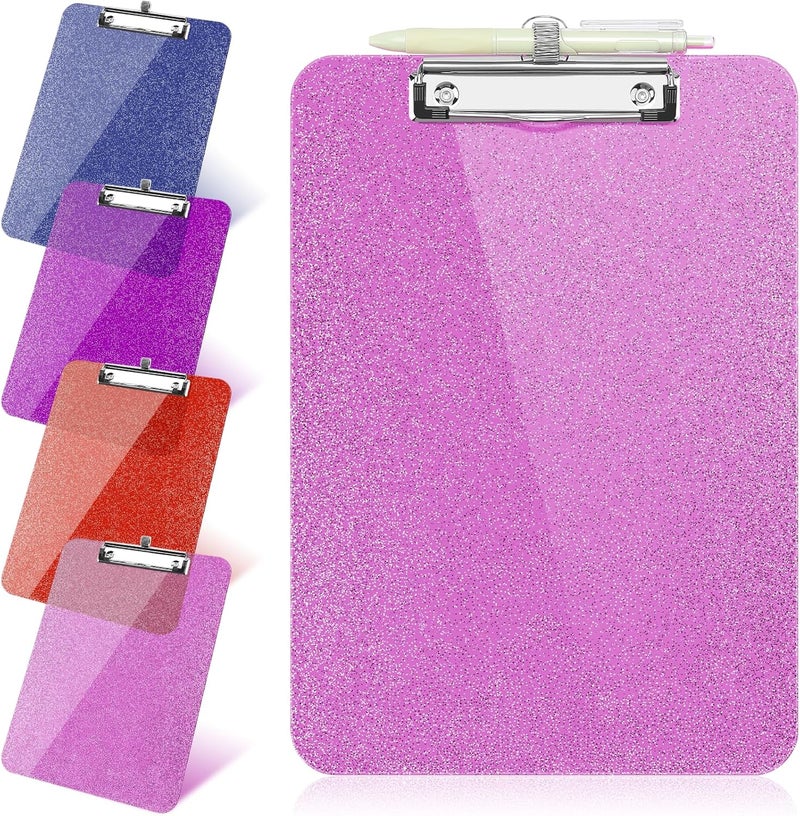 SFLHHDM 1 Pcs Clear Glitter Clipboards, Plastic Clipboard with Pen Holder,Size 8.85 x 12.4 in Shiny Clipboards with Low Profile Clip,Cute Hanging Clipboard for Office Supplies Sparkly Clip Board-Rose Pink - Image 1